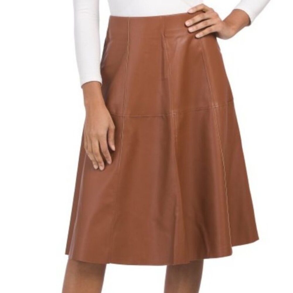 One 5 One Brown Faux Leather Midi Skirt line A size L